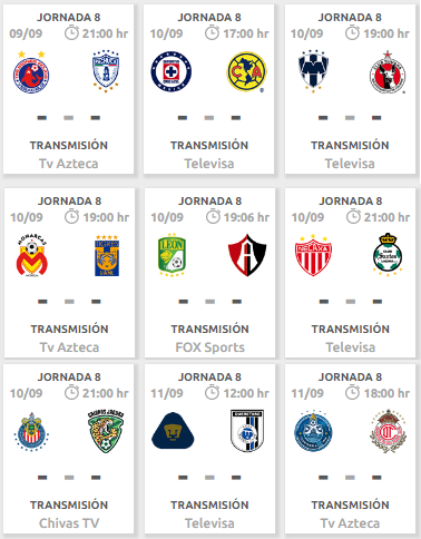 Partidos de la jornada 8 de la Liga Bancomer MX