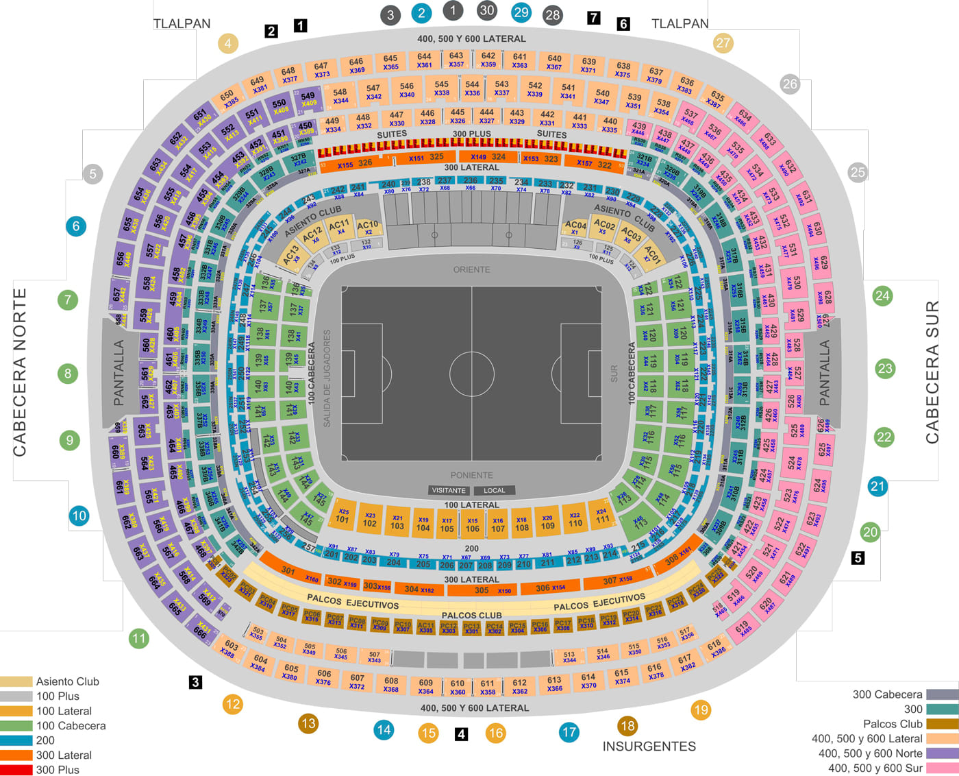 Localidades del Estadio Azteca, Estadio del America y Cruz Azul