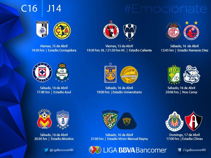 Fechas y horarios de la jornada 14 recta final del torneo Clausura 2016
