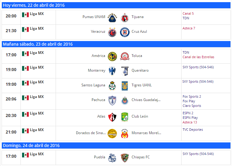 Programacion TV de jornada 15 Ver aqui -->